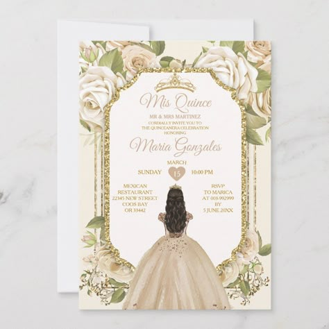 Quinceañera Champagne & White Gold Crown Invitation Mis Quince 15 Anos, 16th Birthday. Gold Quinceanera Theme, Pink Quince Theme, Purple Quinceanera Theme, Green Quinceanera Theme, Sweet 15 Invitations, Rose Gold Quince, Champagne Quinceanera Dresses, Rose Gold Quinceanera, Quince Cakes