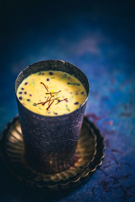 Zaffrani Mewa Doodh as the name mentions, is a warm, thickened milk based drink which is infused with the flavours of saffron, enriched with dry fruits. #Drink #Beverage #Indian Saffron Milk, Indian Drinks, Indian Dessert Recipes, Golden Milk, Dry Fruits, Indian Desserts, Indian Sweets, Chocolate Drinks, Drinks Alcohol Recipes