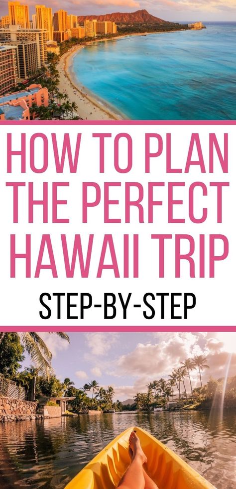 How to plan the perfect Hawaii trip with step-by-step instructions. Image of Waikiki beach and diamond head at the top and someone relaxing in a kayak on a river. Hawaii Trip Planning, Hawaii Vacation Tips, Hawaiian Travel, Hawaii Travel Guide, Trip To Hawaii, Hawaii Trip, Visit Hawaii, Hawaii Oahu, Hawaii Honeymoon