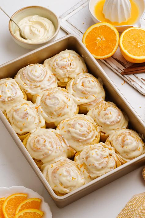 Rhodes Orange Rolls Recipe, Orange Glazed Cinnamon Rolls, Vegan Orange Cinnamon Rolls, Cinnamon Rolls Orange, Sweet Orange Rolls, Cinnamon Orange Rolls, Southern Living Orange Rolls, Homemade Orange Cinnamon Rolls, Orange Frosting For Cinnamon Rolls