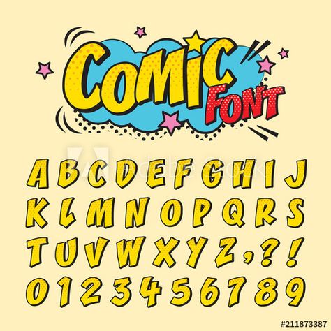 Comic retro font set. Alphabet letters & number in style of comics, pop art for title, headline, poster, comics, or banner design. Cartoon typography collection.: comprar este vector de stock y explorar vectores similares en Adobe Stock | Adobe Stock Fonts For Comics, Comic Words Art, Pop Art Writing, Comic Title Ideas, Comic Design Ideas, Cartoon Typography, Pop Art Font, Comic Book Font, Letras Cool