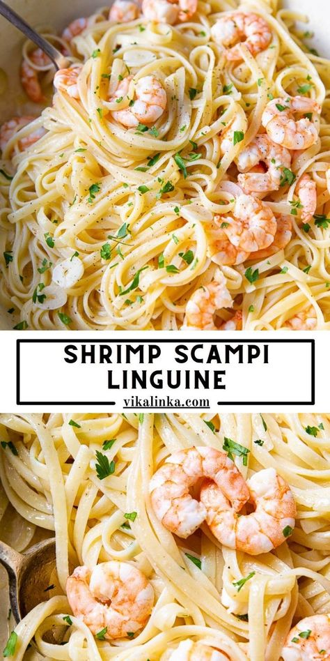 Indulge in this Shrimp Scampi Linguine for a special occasion dinner. Shrimp cooked in garlic butter sauce with a splash of white wine, then tossed with linguine. Whether it’s a dinner for TWO or a crowd, this simple shrimp scampi recipe is quick, easy and light on the ingredients, that is guaranteed to impress. Scampi Sauce Recipe Easy, Linguine Recipes Easy, Simple Shrimp Scampi, Shrimp Linguine Recipe, Vikalinka Recipes, Shrimp Scampi Linguine, Shrimp Pasta Recipes Easy, Dinner Shrimp, Cooked Shrimp Recipes