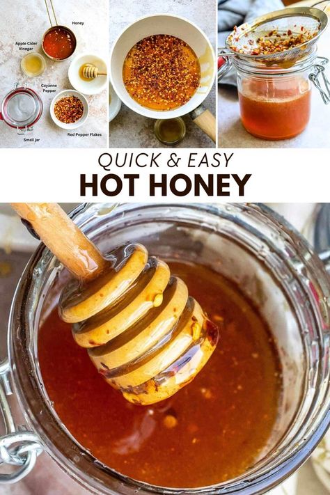 This Hot Honey Recipe is seamless, easy, and much more affordable than buying it pre-made. You decide the heat level! Ready in 20 minutes, this is a delicious sauce. Just a few simple ingredients will give you a cup of homemade hot honey to add to chicken, salmon, tacos, and more. Easy Hot Honey Recipe, Hot Honey Dressing, How To Make Hot Honey, Honey Sauce For Chicken, Homemade Hot Honey, Fridge Staples, Hot Honey Sauce, Hot Honey Recipe, Honey Salmon