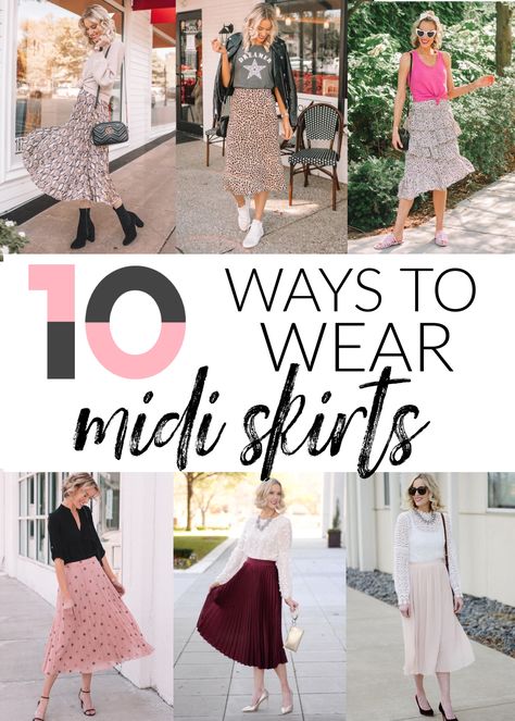 How to Wear a Midi Skirt - 10 Ways to Wear a Midi Skirt, blog post all about how to style midi skirts, midi skirt outfit, midi skirt summer outfit, midi skirt fall outfit, midi skirt winter outfit, midi skirt spring outfit, midi skirt and boots, midi skirt and heels, midi skirt and sandals, midi skirt and sweater Midi Skirt Fall Outfit, Midi Skirt Outfits Summer, Burgundy Midi Skirt, Midi Skirt Winter, Work Appropriate Outfits, Midi Skirt Fall, Midi Skirts Style, Midi Skirts Summer, Spring Skirt Outfits