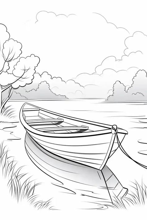 Ocean Coloring Pages, Boat Drawing, Pencil Drawings Of Animals, Boat Art, Boat Painting, Creative Painting, Landscape Drawings, Silhouette Art, Art Drawings For Kids