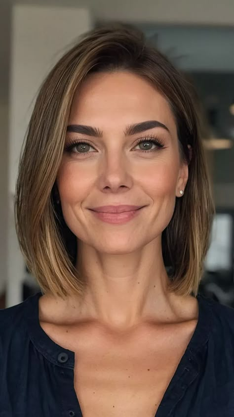 Hair All One Length Medium, All One Length Bob Medium, Mikado Haircut Short, Long Mikado Haircut, Medium Bob Side Part, Hair For 2024, Short Mom Haircut Round Faces, Mom Bob Haircut Round Face, Short Brunette Haircut