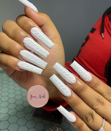 YAMI.NAILS ★🧿’s Instagram photo: “Sweater Weather nails❄️💕 ———————— 🤍🤍🤍🤍🤍🤍🤍🤍🤍🤍🤍 #christmasnails #sweaternails #sweaterweather #sweaterweathernails #houstonnails…” White Sweater Nails Acrylic, Sweater Nails White, Black Sweater Nails, White Sweater Nails Coffin, Sweater Print Nails Long, White Sweater Nails, Nail Sweater Design, Sweater Weather Nails, Sweater Print Nails