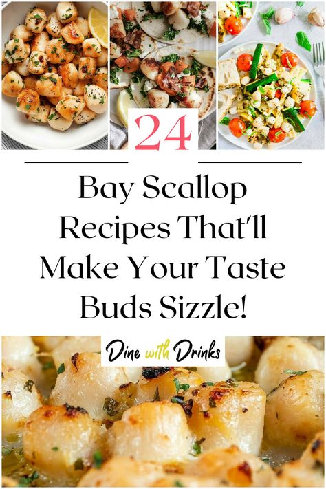 Collage of 4 bay scallop recipes. Patagonian Scallops Recipe, Scallop Recipes Baked, Bay Scallop Recipes, Scallop Recipes Healthy, Shrimp And Scallop Recipes, Scallop Appetizer, Bay Scallops, Scallop Pasta, Scallop Dishes