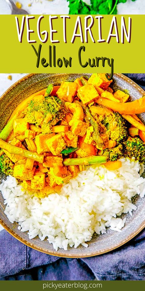 This Tofu Thai Yellow Curry recipe is a vegetarian and vegan-friendly makeover of the classic dish you’ll find on the menu at your favorite Thai restaurant. It’s lighter, healthier, yet still restaurant quality! Thai Yellow Curry Vegetarian, Yellow Curry Recipe Vegetarian, Vegetarian Yellow Curry, Thai Yellow Curry Recipe, Vegetarian Dishes Healthy, Veggie Recipes Easy, Easy Vegetarian Curry, Yellow Curry Recipe, Healthy Curry Recipe