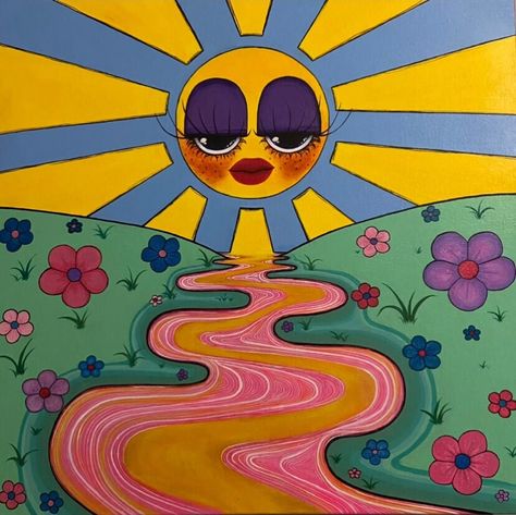 Original acrylic painting. 20 x 20 inches. Painting Ideas On Canvas For Parents, Posco Painting Ideas, Acrylic Marker Drawings, Trippy Painting Canvas, Cute Canvas Ideas, Trippy Hippy Painting Ideas, Funny Parking Spot Painting, High Paint Ideas Trippy, Silly Paintings