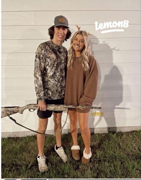 Couple Dress Up Costumes, Two Man Halloween Costumes, Doe And Hunter Couple Costume, At Home Couple Costumes, Hunting Costume Ideas, Deer And Hunter Costume Couple, Dynamic Duo Couples Costumes, Hunter And Doe Couple Costume, Hunting Couple Halloween Costumes