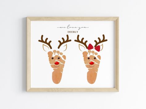 Rain Deer Footprint, Family Footprint Art, Xmas Crafts For Babies, Deer Footprint Craft, Baby Footprint Christmas Crafts, Baby Footprint Art Christmas, Deer Footprint, Baby Holiday Crafts, Holiday Handprint Crafts