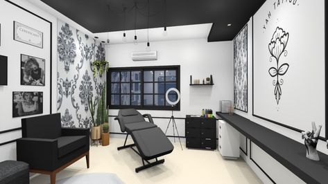 Studio Yahtattoo Tattoo Shop Layout Ideas, Paramedical Tattoo Studio, Open Concept Tattoo Studio, Private Tattoo Studio Interior, In Home Tattoo Studio, Interior Design Tattoo Studio, Tattoo Room Design, Tattoo Shop Interior Design Studios, Home Tattoo Studio Ideas