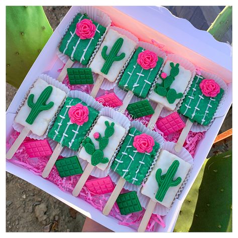 Cactus Rice Krispie Treats, Cactus Theme Desserts, Cactus Chocolate Covered Pretzels, Cactus Chocolate Strawberries, Cactus Strawberries, Charro Theme Party, Dessert Table Treats, Cakesicles Ideas, Fiesta Wedding Shower