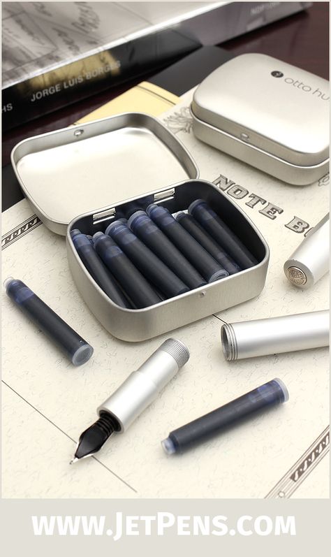 Standard international sized Otto Hutt Fountain Pen Ink Cartridges are available in black or blue, and come in a metal tin. Fountain Pen Ink Storage, Fountain Pens Calligraphy, Pen Art Drawings, Pen Collection, Calligraphy Ink, Writing Accessories, Drawing Pen, Pen Sketch, Pencil And Paper