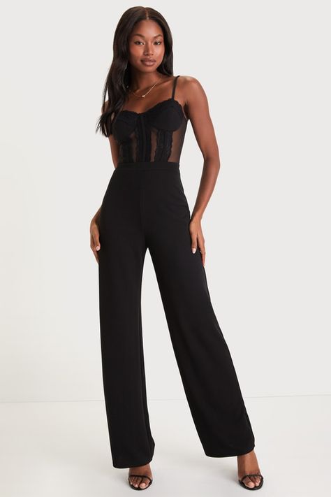 The Lulus Perfectly Sultry Black Sheer Mesh Bustier Wide-Leg Jumpsuit is ready to help you create a look that is flawlessly flirty! This alluring jumpsuit starts with sheer mesh fabric that shapes a sweetheart neckline and a bustier-inspired bodice with padded cups, corset-style seams, and floral lace accents throughout, all supported by adjustable spaghetti straps. The high, banded waist tops wide pant legs (composed of stretchy crepe knit) that fall to ankle-length hems. Hidden back zipper/... Fall Bachelorette Party Outfit, Womens Cocktail Attire, Dark Feminine Style, Black Corset Outfit, Black Jumpsuit Outfit, Corset Pants, Mesh Jumpsuit, Corset Outfit, Bachelorette Outfits