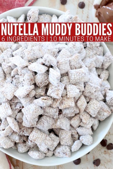 This recipe for Muddy Buddies (also known as puppy chow) is made without peanut butter. Instead we're adding in everyone's favorite Hazelnut spread, Nutella! It's easy to make in just 10 minutes with only 6 ingredients! Nutella Muddy Buddies are naturally gluten free and you can easily cut the recipe in half to make a small batch. This sweet treat is perfect for an afternoon snack, or bag it up and take it to neighbors, friends or parties! Nutella Puppy Chow Recipe, Nutella Puppy Chow, Puppy Chow Snack, Peanut Butter Alternatives, Puppy Chow Chex Mix Recipe, I Lost 100 Pounds, Chex Mix Puppy Chow, Muddy Buddies Recipe, Puppy Chow Recipes