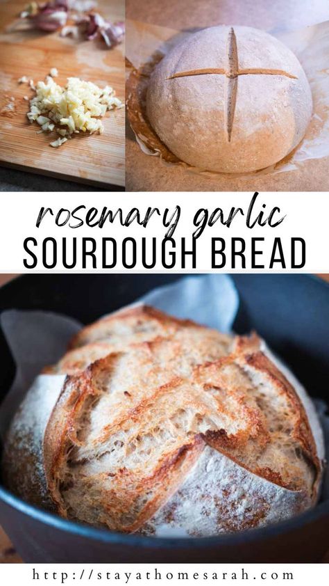 My favorite loaf of classic sourdough bread just got an upgrade in this beautiful and rustic Rosemary Garlic Sourdough Bread. Crusty on the outside and soft and chewy on the inside, so much flavor is packed into this delicious loaf. Serve it warm with soup or turn it into the most incredible grilled cheese! Sourdough Garlic And Rosemary Bread, Sourdough Rustic Loaf, Roasted Garlic And Rosemary Sourdough, Sourdough Bread Easy Quick, Rosemary Cheddar Sourdough Bread, Roasted Garlic Rosemary Sourdough, Sourdough Bread With Add Ins, Littlespoonfarm Sourdough Bread, Sage Sourdough Bread