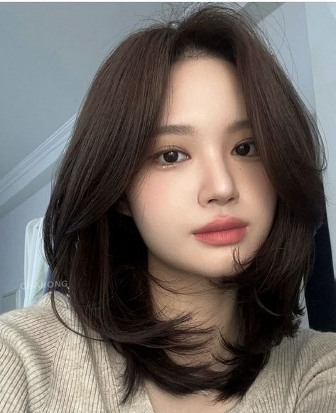 Short Layered Haircuts Round Face, Hair Cut For Round Face Shape Girl Asian, Short Hair Korean Style Round Face, Shoulder Length Hair Asian, Asian Haircut Medium Layered, Korean Haircut For Chubby Face, Asian Short Hair Round Face, Hairstyle Medium Hair, Short Hair Korean