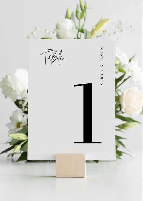 Table Number Menu Wedding, Long Table Numbers Wedding, Modern Classic Wedding Table Numbers, Cool Table Number Ideas, Minimalist Wedding Reception Table, Black Tie Wedding Table Numbers, Classy Table Numbers Wedding, Table Number For Wedding, Tables Numbers Wedding