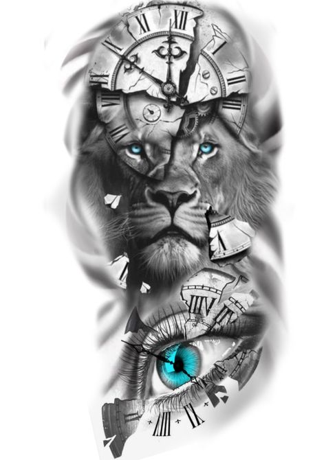 Tattoo Half Sleeve, Lion Art Tattoo, Latest Tattoo Design, Lion Tattoo Sleeves, Mens Lion Tattoo, Lion Head Tattoos, Clock Tattoo Design, Full Arm Tattoos, Lion Tattoo Design