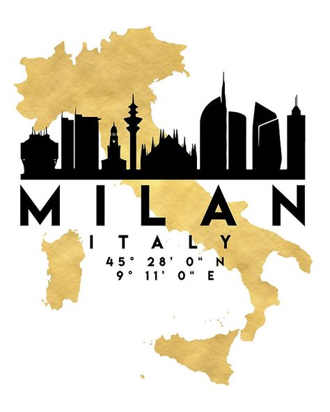 MILAN ITALY SILHOUETTE SKYLINE MAP ART -  The beautiful silhouette skyline of Milan and the great map of Italy in gold, with the exact coordinates of Milan make up this amazing art piece. A great gift for anybody that has love for this city.  milan italy downtown silhouette skyline map coordinates souvenir gold deificus art Italy Silhouette, Skyline Quilt, Map Of Italy Regions, Silhouette City, Italy Skyline, Digital Typography, Map Coordinates, City Graphic, City Skylines