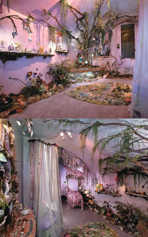 Fairy Cottage Aesthetic Room, Witch Aesthetic Rooms, Houses In The Forest Aesthetic, Magical Forest Bedroom Aesthetic, Room Ideas Fantasy Aesthetic, Bedroom Inspirations Fairycore, Dark Royalcore Bedroom, Magical Fairy Bedroom, Fairy Aesthetic House Decor