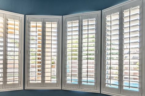 Blinds For Bow Windows, Bow Window Treatments Living Room, Window Treatments For Bow Windows, Bow Window Ideas Living Room, Bow Window Curtains Target, Bow Window Blinds, Shutter Blinds Bay Window, Bow Window Treatments, Wooden Shutters Indoor Bay Window