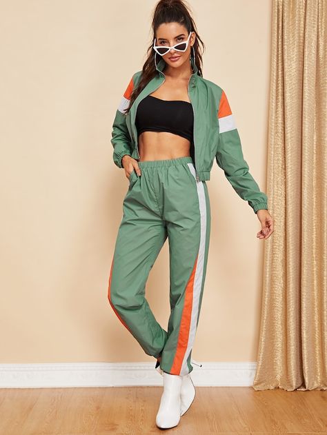 Zip Up Color Block Jacket & Pants Set -SheIn(Sheinside) Summer Outfits Aesthetic Shorts, Outfits Aesthetic Shorts, 90s Summer Outfits Aesthetic, 90s Summer Outfits, Activewear Trends, Aesthetic Shorts, Color Block Jacket, Pants Set, Color Block