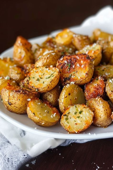 Get ready for the most irresistible side dish – Roasted Garlic Butter Parmesan Potatoes! These crispy, golden bites are packed with buttery garlic flavor and a cheesy Parmesan crust. Perfect for dinner parties, holidays, or everyday meals, these potatoes will disappear off the plate in no time! #RoastedPotatoes #GarlicButterPotatoes #ParmesanPotatoes #CrispyPotatoes #EasySideDish #PotatoRecipes #CheesyPotatoes #ComfortFood #OvenBakedPotatoes #RoastedVeggies #DinnerIdeas #HolidayRecipes Dinner With Small Potatoes, Garlic Butter Potatoes Air Fryer, Potato Garlic Parmesan, Potato Bites In Oven, Potato With Parmesan Cheese, Garlic Parmesan Potatoes Crockpot, Easy Potato Recipes For A Crowd, Petit Gold Potatoes Recipes, Garlic Butter Baby Potatoes