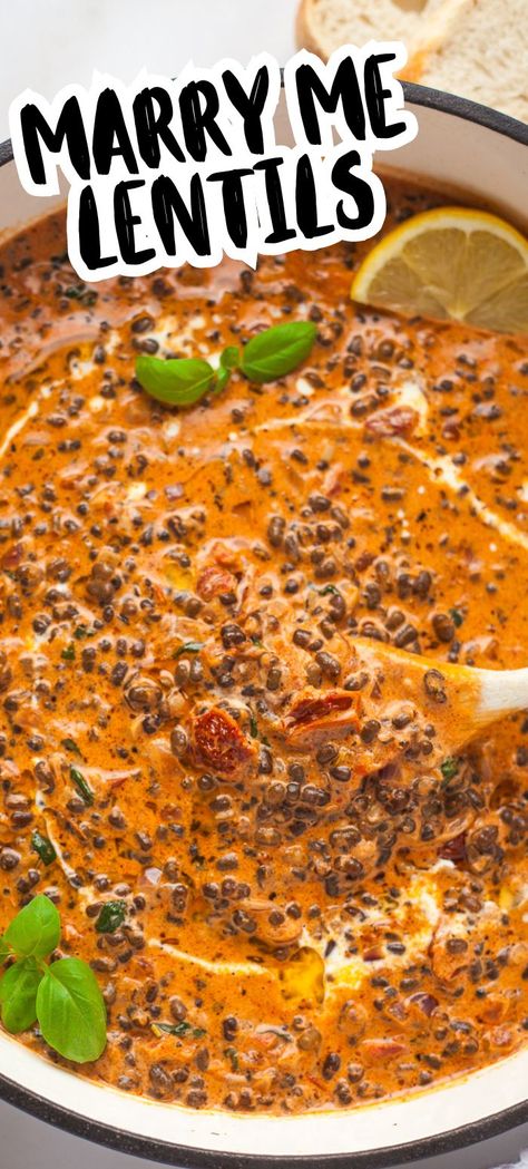 An easy dreamy pan of lentils in the viral creamy sundried tomato "marry me" sauce! This is amazing scooped up with bread, with rice or as a sweet potato topping. I love to use luxurious black lentils but it will also work with puy lentils or plain brown or green lentils. An amazing vegetarian protein packed recipe that will get you loving your lentils! Brown Rice Lentils, Vegan Recipes With Sundried Tomatoes, Lentil And Brown Rice Recipes, Lunch With Lentils, Vegan Lentil Casserole Recipes, Lentil Sauce For Pasta, Lentils And Tomatoes, Yummy Lentil Recipes, How To Cook Lentils Recipes