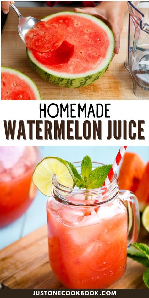 This homemade Watermelon Juice tastes like summer in a glass! With a hint of lime and garnished with mint, this sweet and delicious drink will cool you down on a hot summer day! Juice Video, Watermelon Recipes Drinks, Watermelon Juice Recipe, Lime Drinks, Watermelon Cocktail, Hot Drinks Recipes, Watermelon Drink, Homemade Juice, Plant Based Diet Recipes