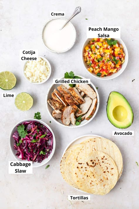 Grilled Chicken Tacos with Mango Salsa Peach Mango Salsa Chicken, Chicken Tacos Mango Salsa, Chicken Cabbage Tacos, Mango Chicken Tacos, Chicken Tacos With Slaw, Grilled Chicken Tacos Recipe, Mango Salsa Tacos, Chicken Tacos With Mango Salsa, Peach Mango Salsa