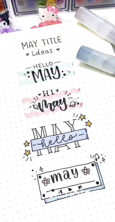 23 Best May Bujo Titles to Brighten up your Spreads - atinydreamer Subheader Ideas, Header Ideas For Projects, May Header, Journal Title Page Ideas, March Header, May Bujo Theme, Aesthetic Title Ideas, Bujo Title Page, Journal Headings