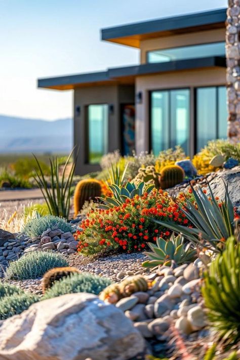 High Desert Landscaping Ideas for Your Home Desert Scape Landscaping Ideas, Southwestern Backyard Ideas, Colorful Desert Landscaping, Desert Style Landscaping, New Mexico Landscaping, Southwest Landscape Ideas, Desert Pool Landscaping, High Desert Landscaping Ideas, Desert Oasis Backyard