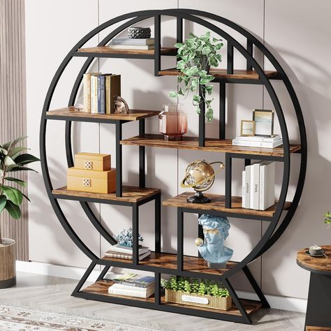 Amazon.com: Tribesigns Bookshelf, Round Bookshelves Etagere Bookcase, 63 Inch Industrial Wood Book Shelf with Staggered Shelves, Rustic Open Shelving Organizer Rack Display Shelf for Home Office, Living Room : Home & Kitchen Tribesigns Bookshelf, Round Bookshelf, Staggered Shelves, Wood Book Shelf, Library Decorations, Unique Bookshelves, Geometric Bookcase, Industrial Bookshelf, Metal Bookshelf