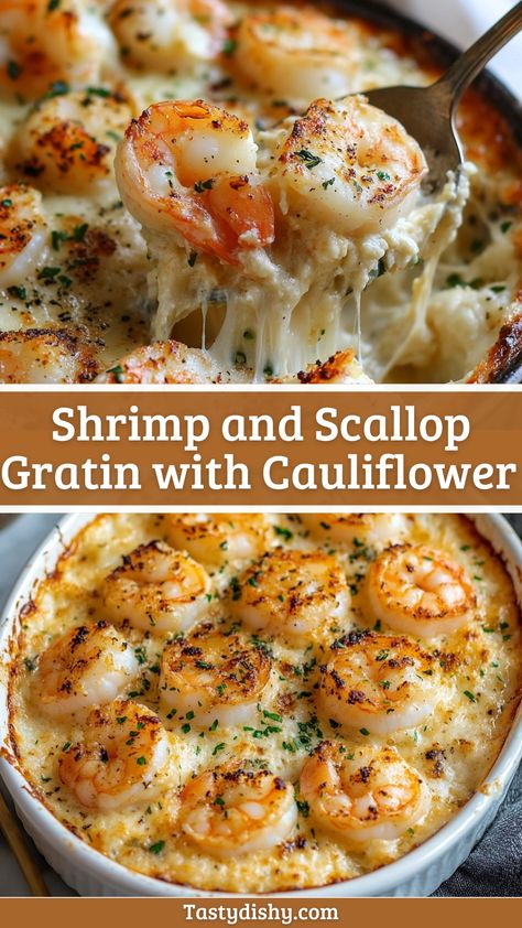 Creamy Shrimp and Scallop Gratin with Cauliflower – A Delicious Seafood Bake! Shrimp And Scallop Bake, Shrimp Cauliflower Recipes, Baked Shrimp And Scallop Recipes, Shrimp And Scallops Recipes, Healthy Shrimp And Scallop Recipes, Sunday Seafood Dinner Ideas, Recipe With Scallops, Baked Scallops And Shrimp Recipe, Seafood Gratin Recipe