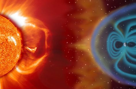 Earth's magnetic field extends from pole to pole and is strongly affected by solar wind from the sun. This "wind" is a stream of charged particles constantly ejected from the sun's surface. Occasional sudden flashes of brightness known as solar flares release even more particles into the wind. Sometimes, the flares are followed by coronal mass ejections that send plasma into space. Geomagnetic Storm, Earth's Magnetic Field, Solar Flare, Solar Wind, Magnetic Field, Age Of Aquarius, Solar, Celestial Bodies