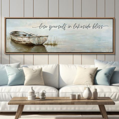 Transform your lake house retreat into an oasis of tranquility with our framed canvas art print featuring the serene quote "lose yourself in lakeside bliss." Crafted with premium materials and meticulous attention to detail, our prints exude elegance and durability. Available in a range of framing options to complement any decor, elevate your space with timeless beauty and unmatched quality. Optionally, you may customize this print with the short quote of your choice. Simply note your request in Waterfront Cottage Decor, Lake Cabin Decorating Ideas Interiors, Lake House Bar Ideas, Lakehouse Decorating Ideas Living Room, River Home Decorating Ideas, Lake Condo Decorating Ideas, Costal Decore, Modern Lake House Decor Interior Design, Lake Home Decorating Ideas