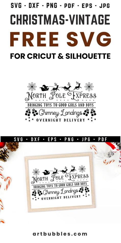 This Christmas SVG File is a freebie for crafters to make Christmas signs for the Christmas season using Cricut, silhouette, etc. Crafters can download this SVG file for free. Files: SVG, DXF, PNG, EPS, JPG & PDF. This vintage Christmas sign SVG design is perfect for making vintage style signs, wall decals, home signs, farmhouse signs, farmhouse décor, home décor, and all DIY décor projects. #christmassvg #christmasfreesvg #christmassigns #farmhousesvg #christmasvintageesvg #walldecalssvg Cricut Expression Projects, Christmas Svg Files Free, Vintage Christmas Sign, Christmas Sign Svg, North Pole Express, Cricut Svg Files Free, Cricut Print And Cut, Joy Cards, Laser Engraved Ideas