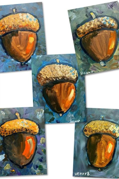 These acrylic acorn paintings were done by kids ages 10-11. This is a fun art idea for fall! Visit the link to see more of these acorn paintings! #fallartideas Fall Art Ideas, Thanksgiving Art Projects, Acorn Painting, 8th Grade Art, Montessori Art, Middle School Art Projects, Fall Art Projects, 4th Grade Art, 5th Grade Art