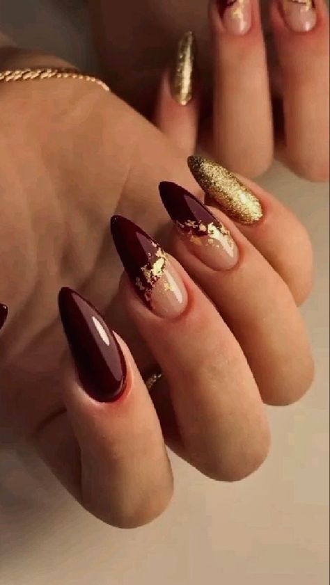 Gold Nails Prom, Maroon Nail Art, Maroon Nail Designs, Prom Nails Red, Red And Gold Nails, Dark Red Nails, Maroon Nails, Red Nail Art, Gold Nail Designs