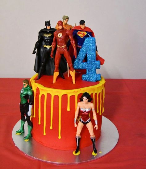 The Justice League drip cake for one of my twins. Caramel mud with vanilla buttercream and a yellow drip, topped with the Justice League Justice League Birthday Cake, Justice League Birthday Party, Justice League Cake, Dc Cake, Marvel Birthday Cake, Justice League Party, Flash Cake, Camping Cakes, Superhero Birthday Cake