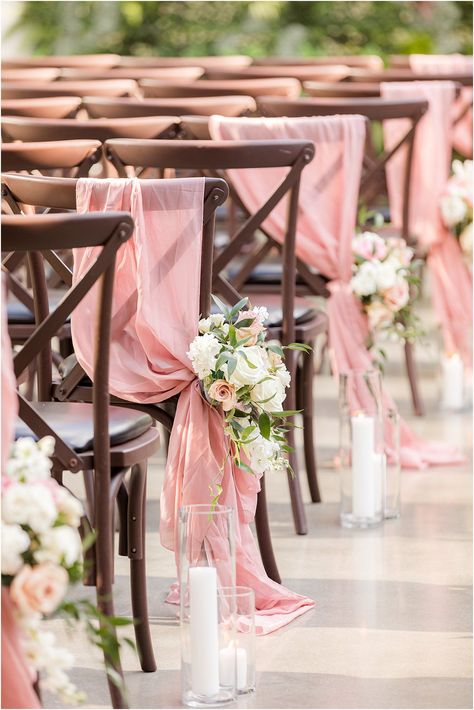 brown chairs with pink fabric draped | The Refinery at Perona Farms Wedding with industrial vibe and spring color palette photographed by NJ photographer Idalia Photography. Planning an industrial spring wedding? Find ideas here for your big day!