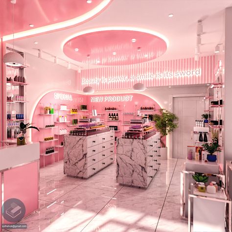 Makeup Store Interior, Makeup Store Design, Beauty Shop Decor, Pink Salon, Pink Store, Store Shelves Design, Beauty Room Salon, Retail Space Design, Pharmacy Design