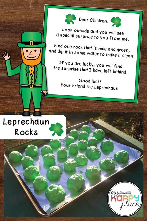 Our leprechaun didn't get tricked by our trap on St. Patrick's Day, but he did leave behind these magic leprechaun rocks along with his note. Leprechaun Rocks, Leprechaun Activities, Leprechaun Tricks, St Patricks Crafts, Leprechaun Trap, St Patricks Day Crafts For Kids, March Activities, St Patrick Day Activities, Saint Patties