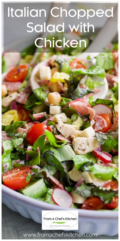 Close-up photo of Italian Chopped Salad with Chicken  in white bowl. Antinflamatory Diet, Italian Chicken Salad Recipe, Green Salad With Chicken, Greens Vegetables, Chopped Salads, Simple Salads, The Perfect Salad, Salad With Chicken, Perfect Salad