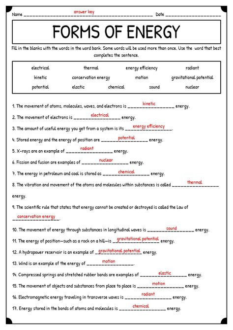 Physical Science Worksheets, Year 7 Science Worksheets, Grade 8 Science Worksheets, Class 6 Science Worksheet, Science Worksheets Grade 6, Grade 7 Science Worksheets, Year 5 Science Worksheets, Grade 6 Science Notes, Types Of Energy Worksheet