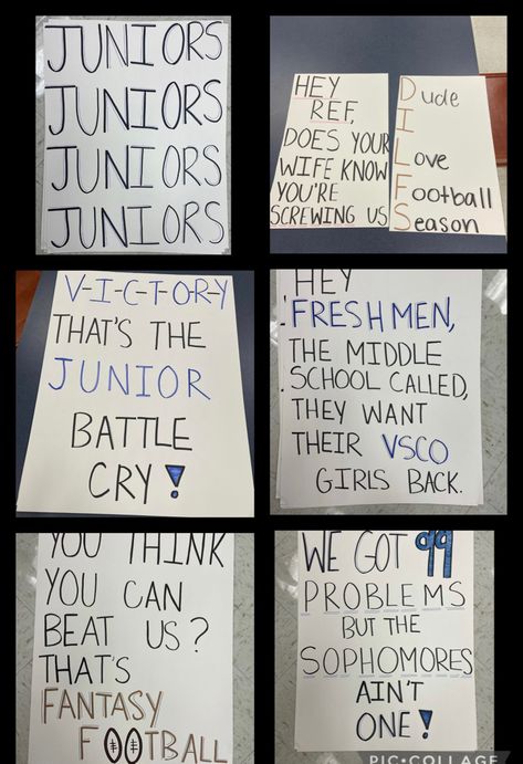 Class posters/ football posters Juniors Vs Seniors Posters, Junior Takeover Day Ideas, Quarter Back Football Posters, Championship Game Poster Ideas, Senior Powderpuff Posters, Powderpuff Football Signs Ideas, Class Of 2024 Poster Ideas, Junior Spirit Posters, Powderpuff Game Signs