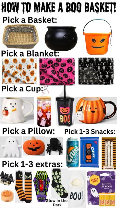 Boo Gift Basket Ideas, Boo Basketball Ideas, Diy Halloween Baskets For Adults, Boo Bucket Ideas For Teens, Simple Cheap Boo Baskets, Teen Basket Ideas, Boo Basket For Adult Women, Boo Basket Girlfriend, Boo Basket On A Budget